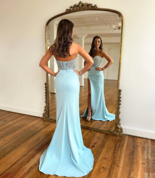 Light Blue Sweetheart Mermaid Long Prom Dress with Beading,DP1609