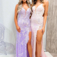 Pink V Neck Sequined Lace Mermaid Long Prom Dress with Slit,DP1610