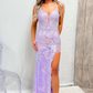 Pink V Neck Sequined Lace Mermaid Long Prom Dress with Slit,DP1610