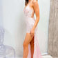 Pink V Neck Sequined Lace Mermaid Long Prom Dress with Slit,DP1610