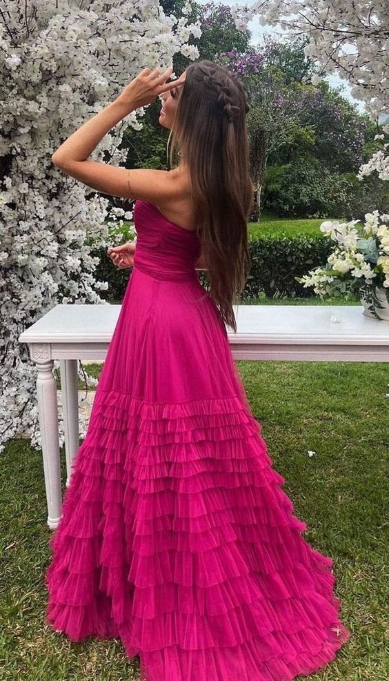 Fuchsia Sweetheart Strapless A-Line Tulle Tiered Long Prom Dress Evening Gown,DP1613