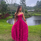 Fuchsia Sweetheart Strapless A-Line Tulle Tiered Long Prom Dress Evening Gown,DP1613