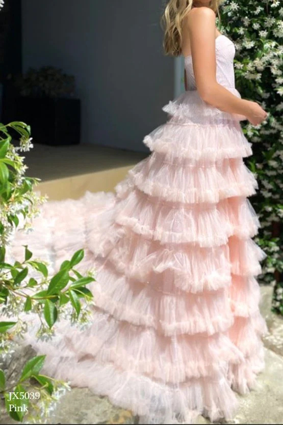 Pink Sweetheart Strapless A-Line Tulle Tiered Long Prom Dress Evening Gown,DP1614