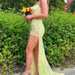 Yellow Spaghetti Straps Sequins Appliques Long Prom Dress with Slit,DP1615