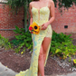 Yellow Spaghetti Straps Sequins Appliques Long Prom Dress with Slit,DP1615