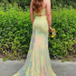 Yellow Spaghetti Straps Sequins Appliques Long Prom Dress with Slit,DP1615