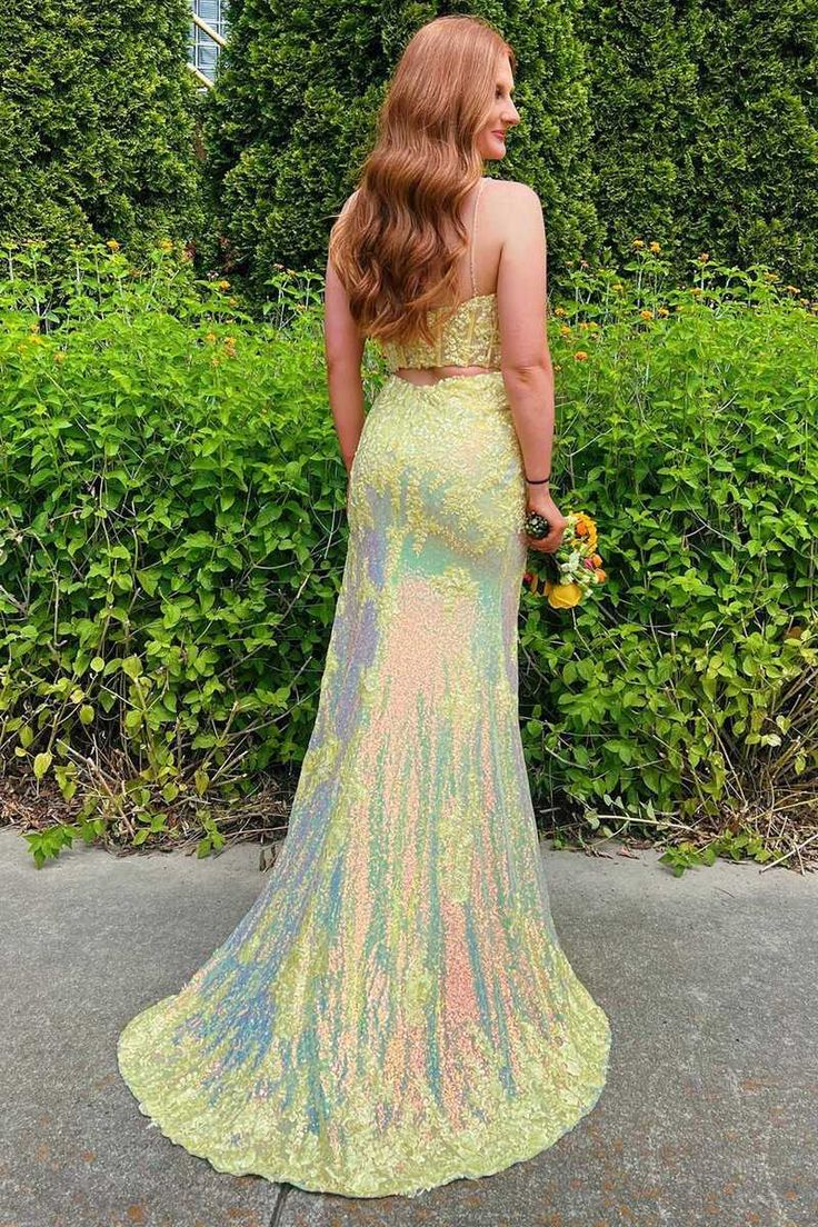 Yellow Spaghetti Straps Sequins Appliques Long Prom Dress with Slit,DP1615