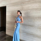 Blue Halter Sheath Prom Dress Wedding Guest Dress,DP1617