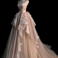 Pearl Pink Strapless A-Line Tulle Long Party Gown with Pearls,DP1621