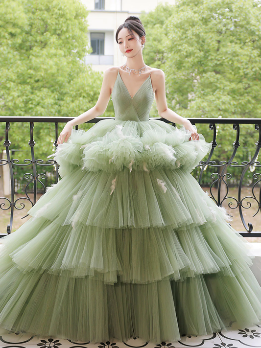 Green Straps V Neck Tulle Layers Long Prom Dress Sweet 16 Dress,DP1625