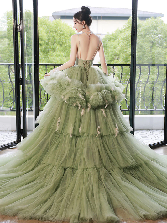 Green Straps V Neck Tulle Layers Long Prom Dress Sweet 16 Dress,DP1625