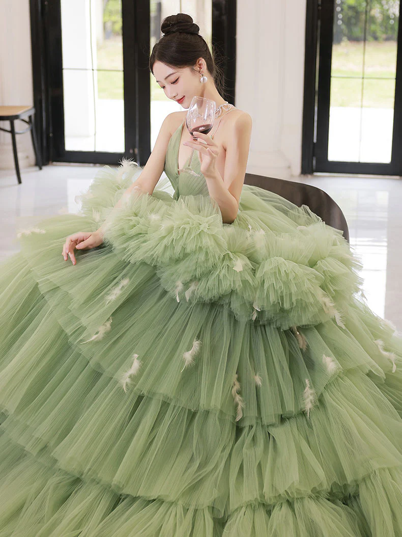 Green Straps V Neck Tulle Layers Long Prom Dress Sweet 16 Dress,DP1625