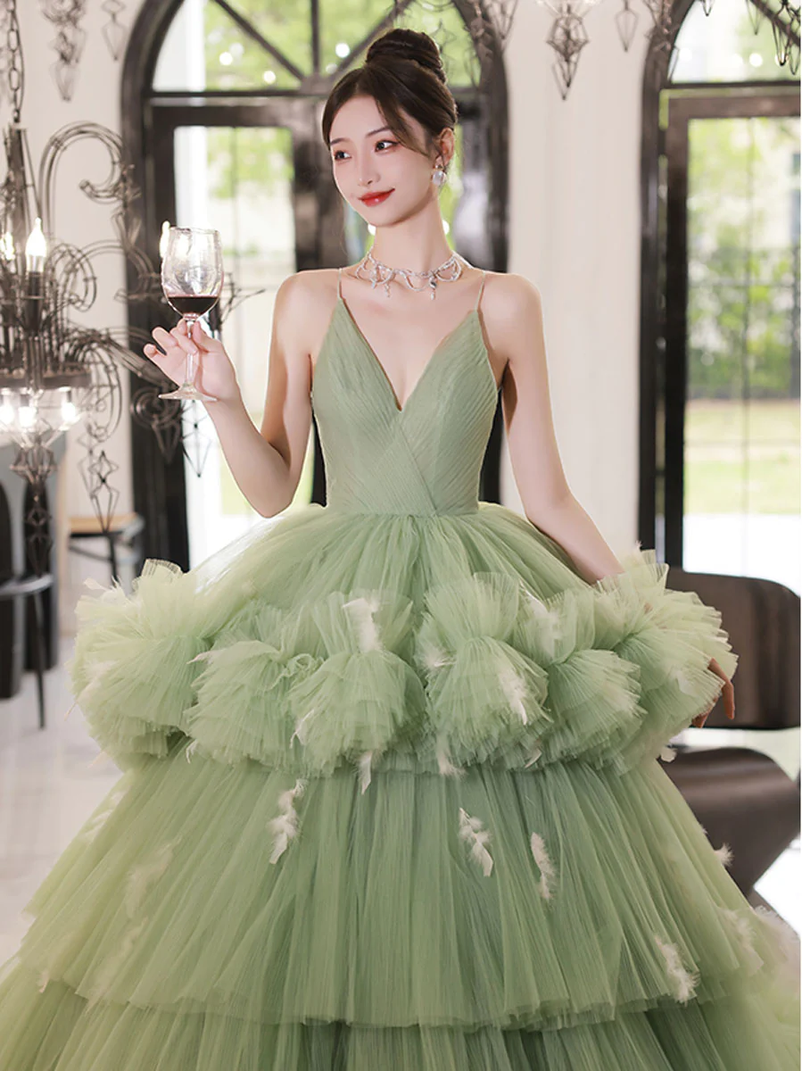 Green Straps V Neck Tulle Layers Long Prom Dress Sweet 16 Dress,DP1625