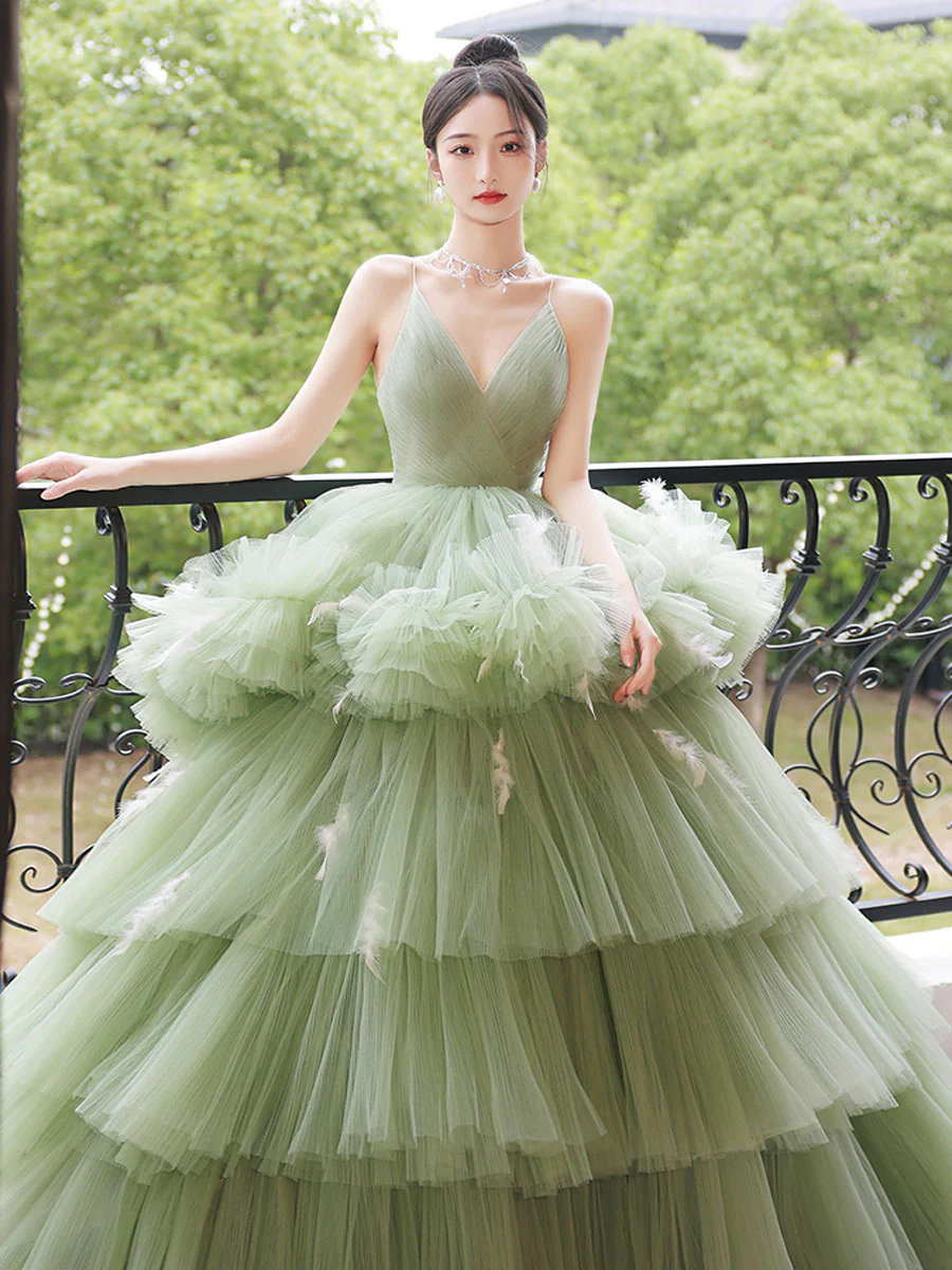 Green Straps V Neck Tulle Layers Long Prom Dress Sweet 16 Dress,DP1625