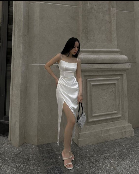 White Spaghetti Straps Prom Dress Wedding Guest Dress with Slit,DP1632