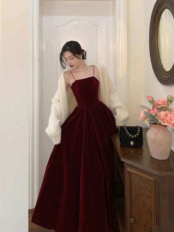 Burgundy A-Line Spaghetti Straps Elegant Long Prom Dress Formal Party Dress,DP1636