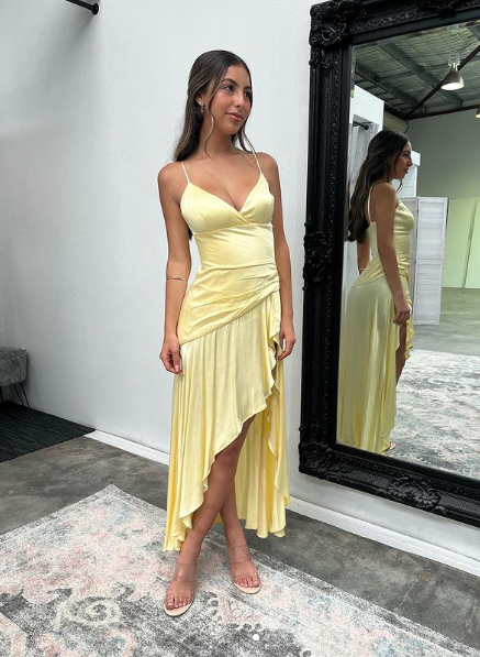 Yellow V Neck Spaghetti Straps Prom Dress Wedding Guest Dress,DP1644