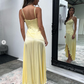 Yellow V Neck Spaghetti Straps Prom Dress Wedding Guest Dress,DP1644