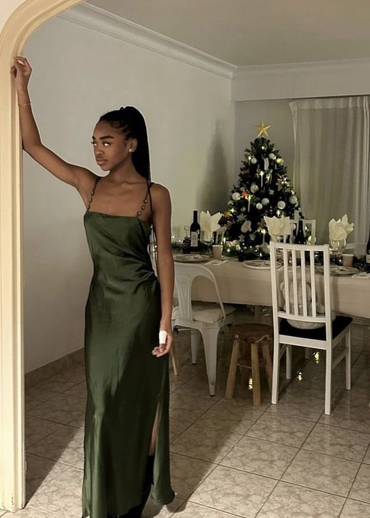 Green Spaghetti Straps Prom Dress Wedding Guest Dress with Slit,DP1645