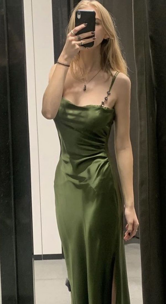 Green Spaghetti Straps Prom Dress Wedding Guest Dress with Slit,DP1645