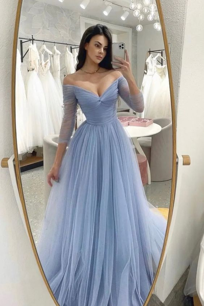 Tulle A-Line Off Shoulder Long Prom Dress Evening Party Dress,DP1646