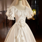 White Satin Short Sleeves Tea Length Lace Retro A-Line Prom Dress,DP1647