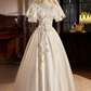 White Satin Short Sleeves Tea Length Lace Retro A-Line Prom Dress,DP1647