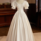 White Satin Short Sleeves Tea Length Lace Retro A-Line Prom Dress,DP1647