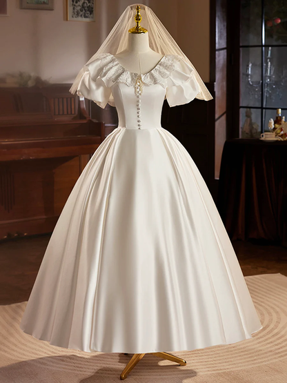 White Satin Short Sleeves Tea Length Retro A-Line Prom Dress,DP1648