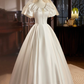 White Satin Short Sleeves Tea Length Retro A-Line Prom Dress,DP1648