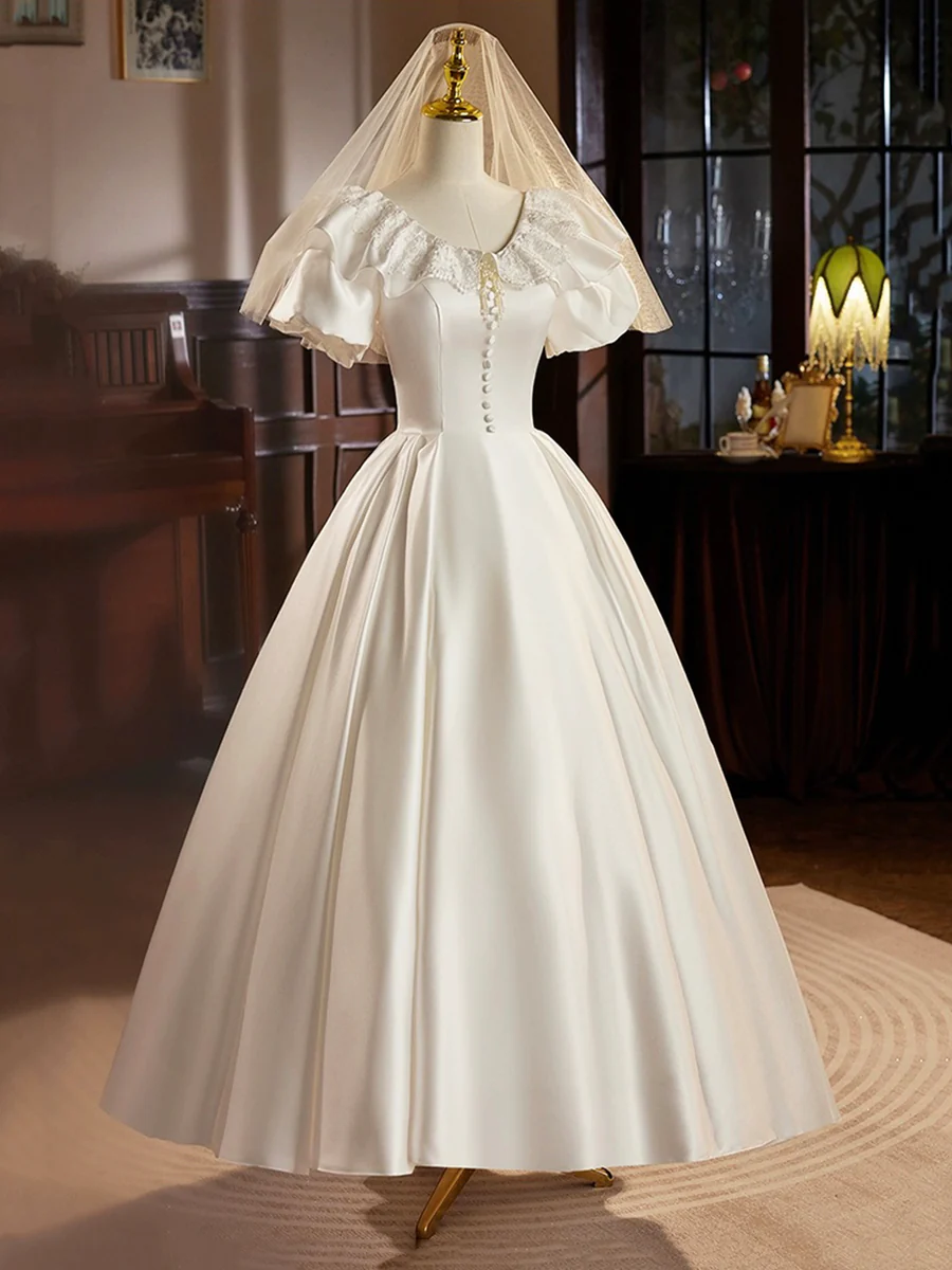 White Satin Short Sleeves Tea Length Retro A-Line Prom Dress,DP1648