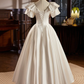 White Satin Short Sleeves Tea Length Retro A-Line Prom Dress,DP1648