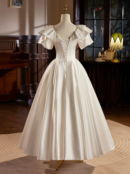 White Satin Short Sleeves Tea Length Retro A-Line Prom Dress,DP1648