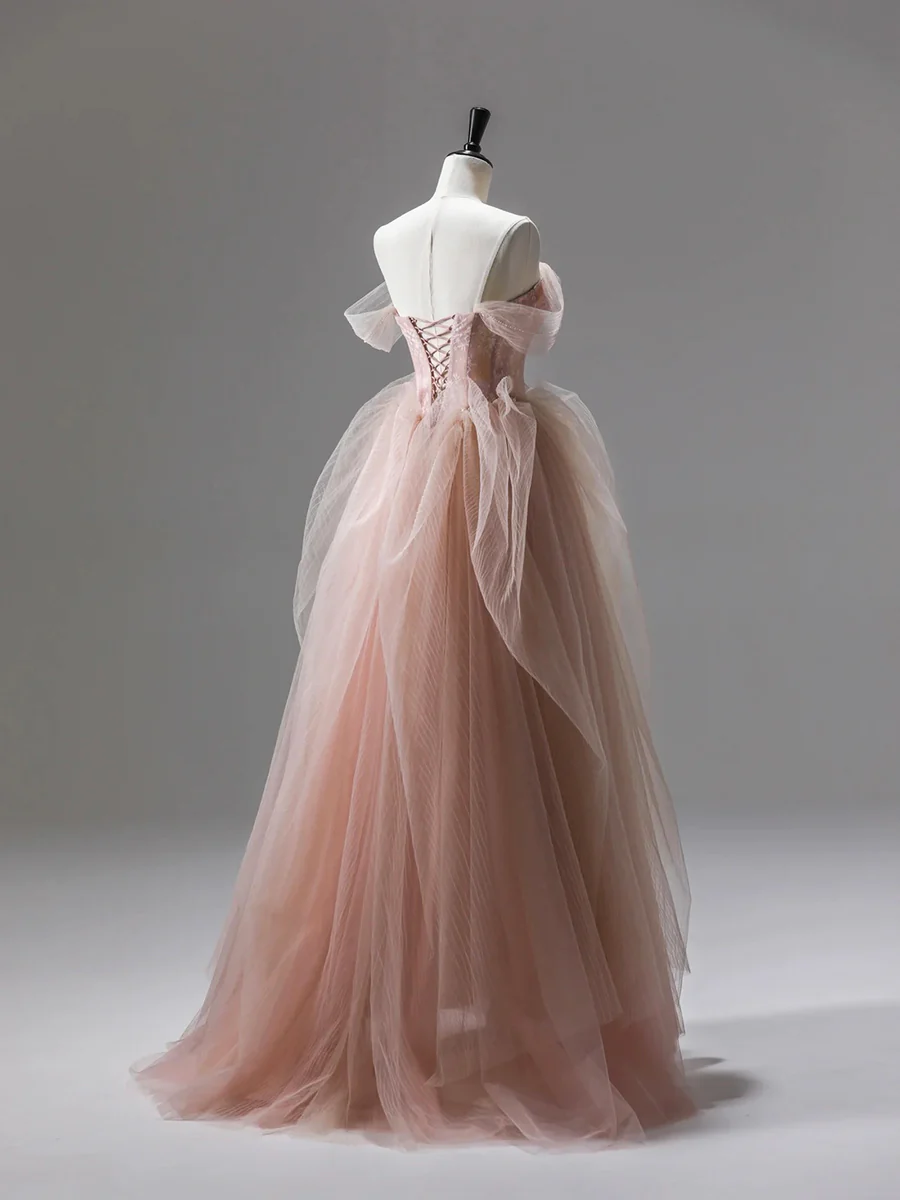 Pink A-Line Tulle Long Prom Dress Evening Gown,DP1650