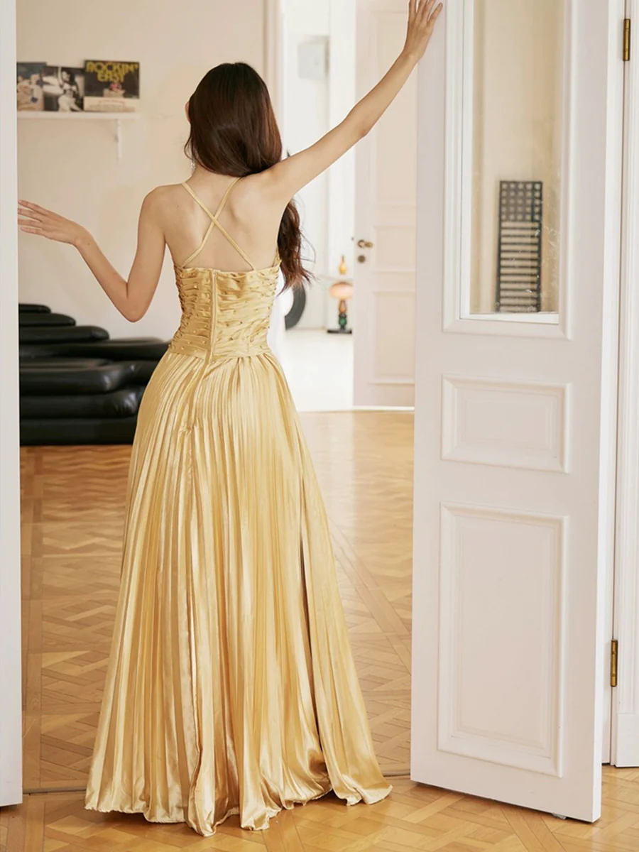 Gold Unique A-Line Beading Satin Long Prom Dress,DP1651