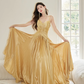 Gold Unique A-Line Beading Satin Long Prom Dress,DP1651