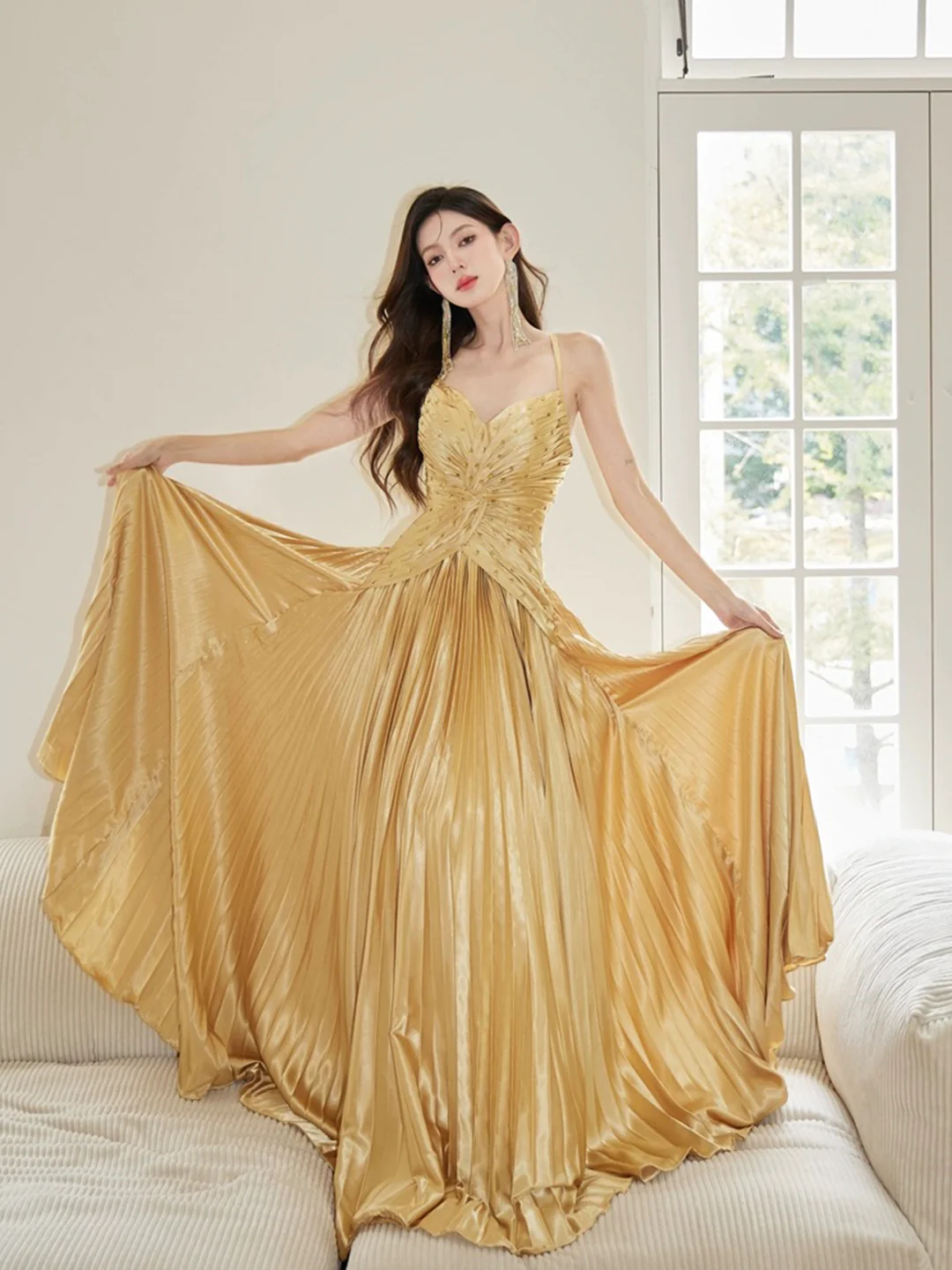 Gold Unique A-Line Beading Satin Long Prom Dress,DP1651