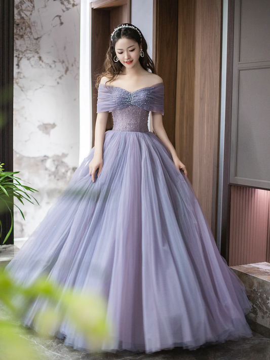 Purple A-Line Off Shoulder Tulle Beading Long Prom Dress,DP1653