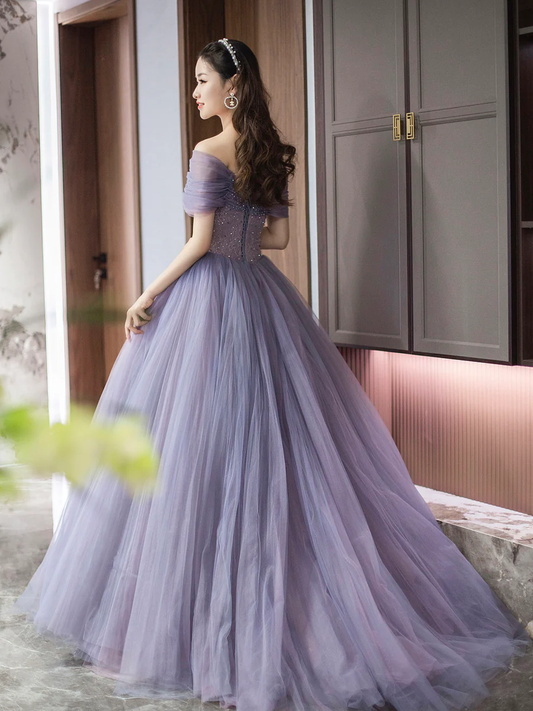 Purple A-Line Off Shoulder Tulle Beading Long Prom Dress,DP1653