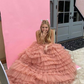 Dusty Pink V Neck Tulle Layers Long Prom Dress Evening Gown,DP1663