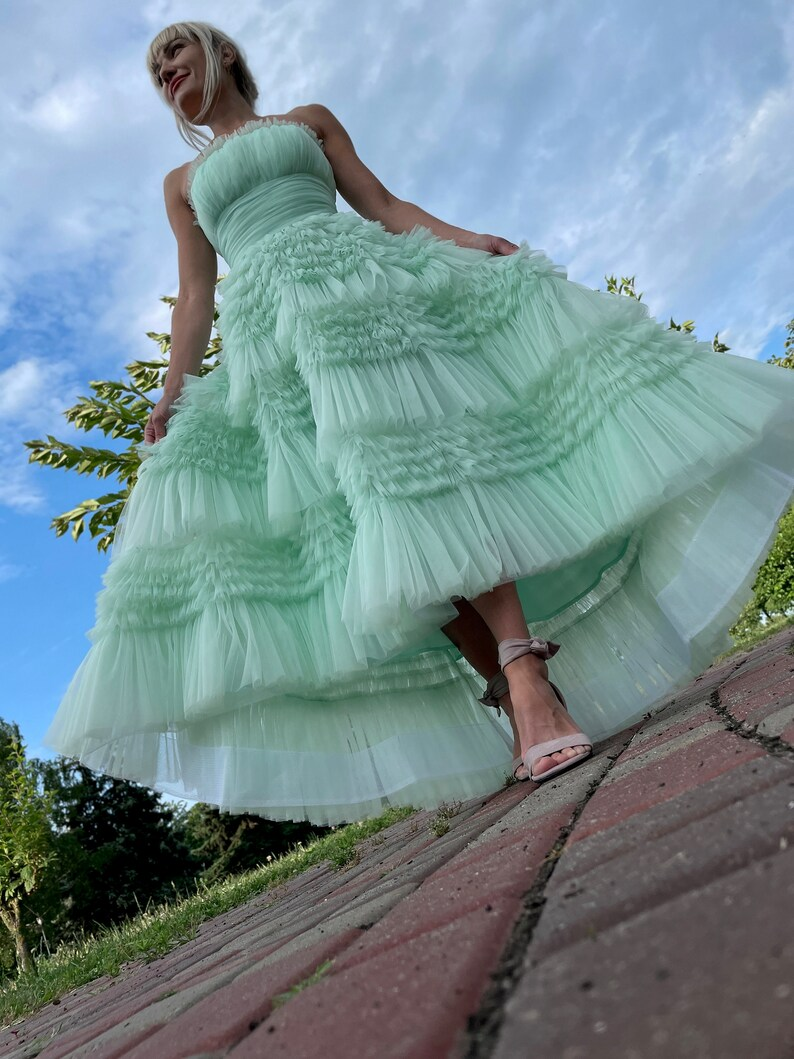 Tiffany Blue Strapless A-Line Tulle Tiered Long Prom Dress,DP1664