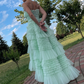 Tiffany Blue Strapless A-Line Tulle Tiered Long Prom Dress,DP1664