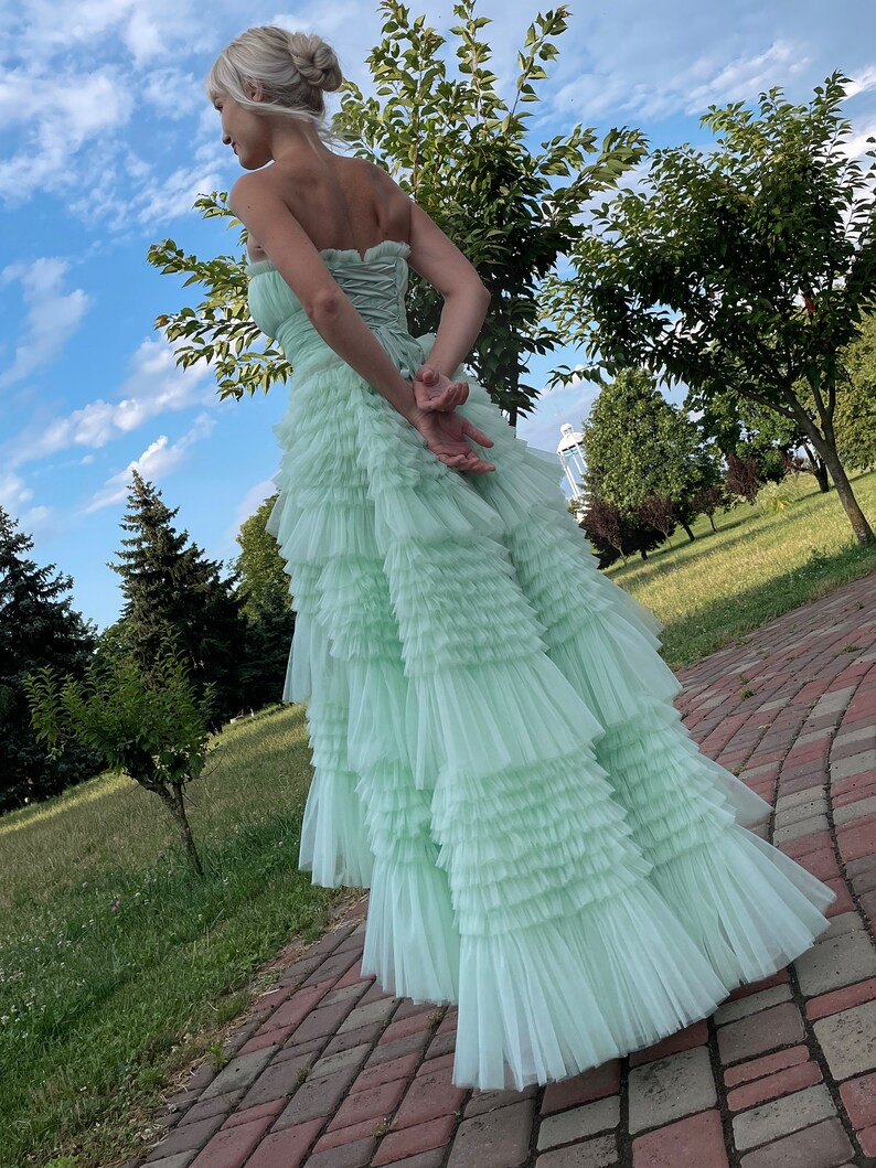 Tiffany Blue Strapless A-Line Tulle Tiered Long Prom Dress,DP1664