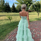 Tiffany Blue Strapless A-Line Tulle Tiered Long Prom Dress,DP1664