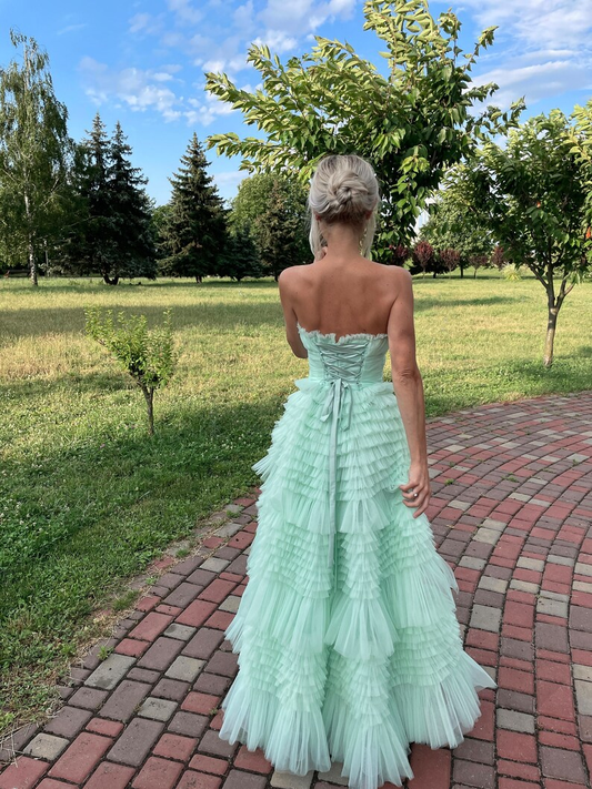 Tiffany Blue Strapless A-Line Tulle Tiered Long Prom Dress,DP1664