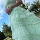 Tiffany Blue Strapless A-Line Tulle Tiered Long Prom Dress,DP1664