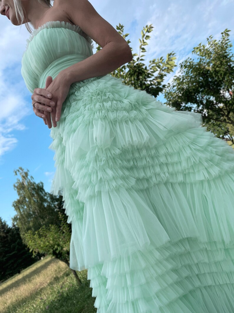 Tiffany Blue Strapless A-Line Tulle Tiered Long Prom Dress,DP1664