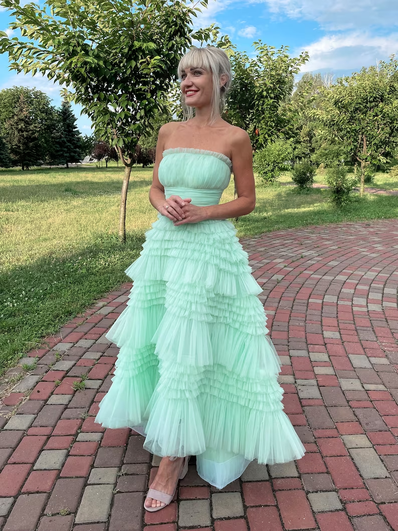 Tiffany Blue Strapless A-Line Tulle Tiered Long Prom Dress,DP1664