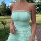 Tiffany Blue Strapless A-Line Tulle Tiered Long Prom Dress,DP1664