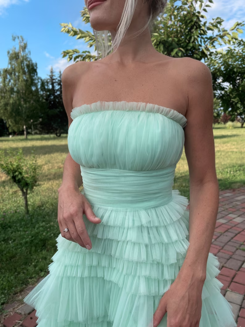 Tiffany Blue Strapless A-Line Tulle Tiered Long Prom Dress,DP1664